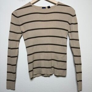 VTG 90s Gap Women 100% Cotton Sweater Beige Striped Ribbed Indie Gremlin Goblin